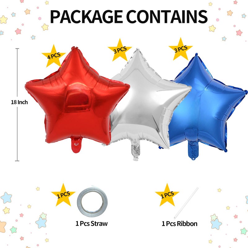 KALOR Blue Red and Silver Star Foil Balloons, 10 Pcs 18 Inch Stars Shape Foil Mylar Balloons for Birthdays, Weddings, Baby Showers, Independence Day Decorations - Image 2